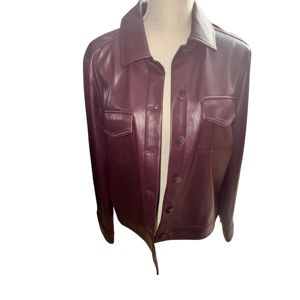 Chicos Faux Leather Shirt Jacket Burgundy Plum Button Shacket Womens Size 1/M
